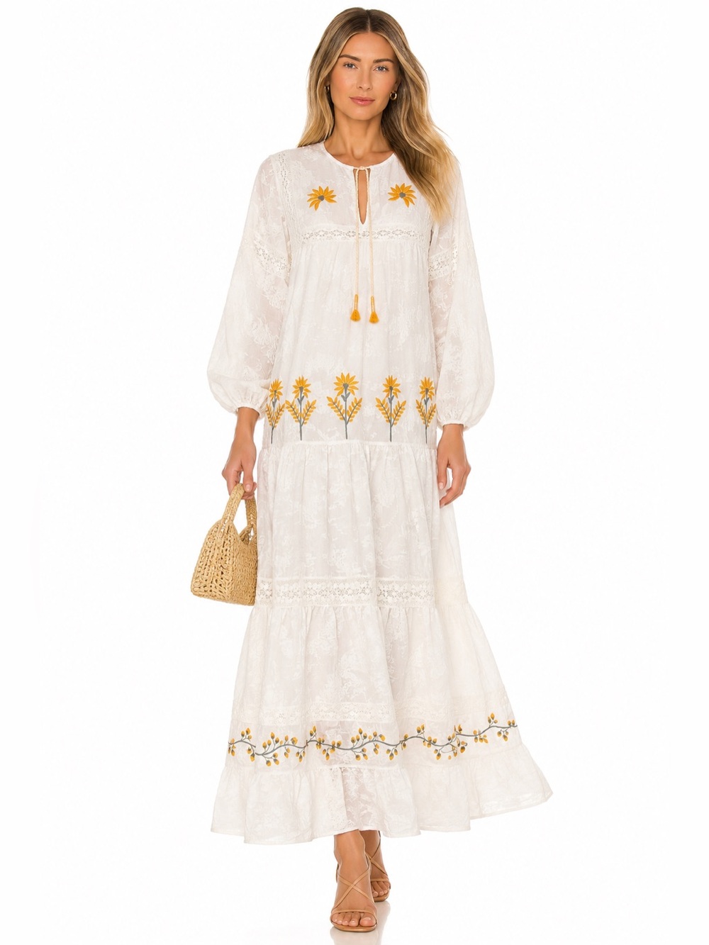 Zara Embroidered Floral White Maxi Dress XS Boho Lace Tiered